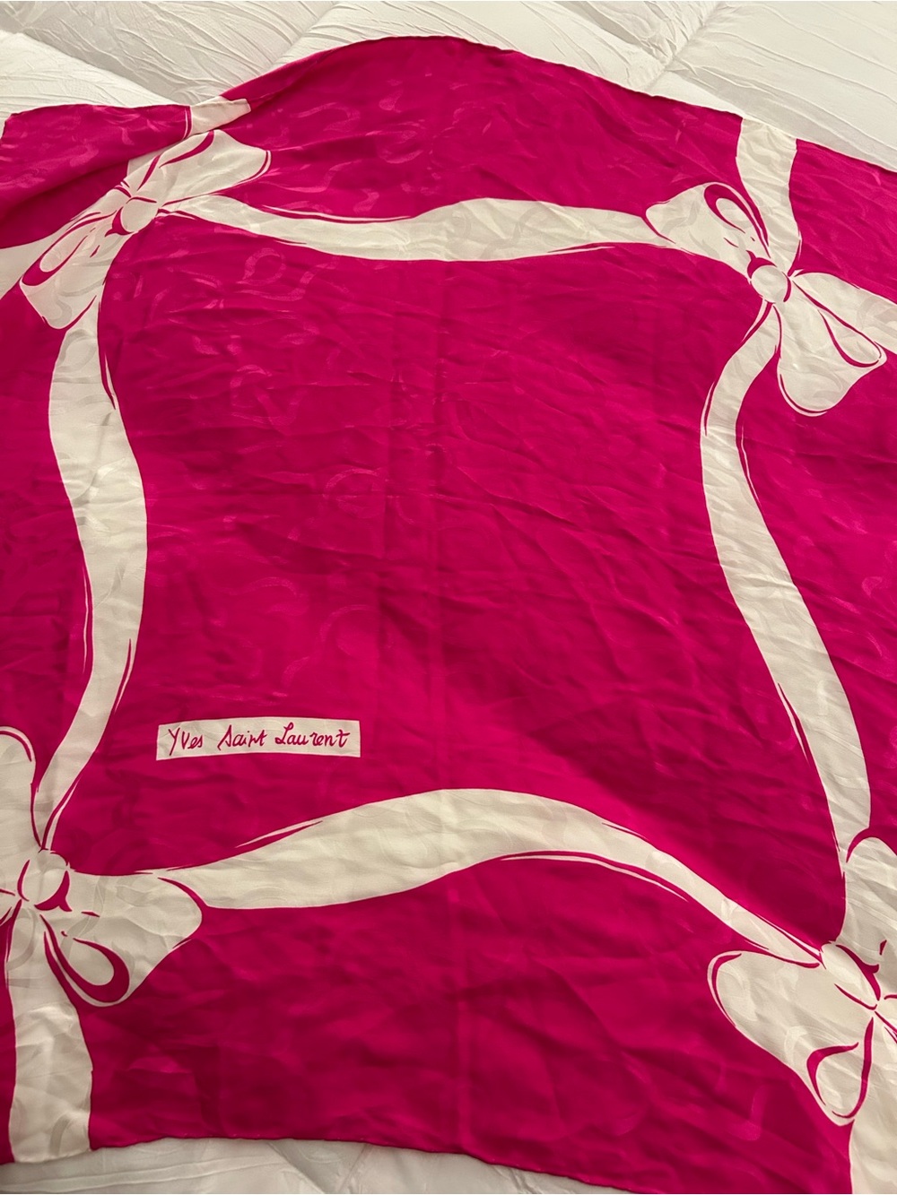 Yves Saint Laurent Fuchsia and White Decorative Throw with Bow Motif